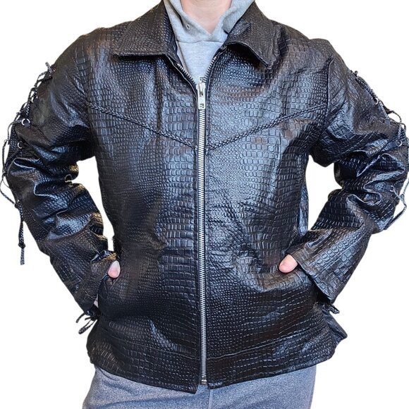 Y2K Black Leather Laceup Jacket Black Embroidered Roses On Back Sz L Biker Goth - Picture 1 of 12